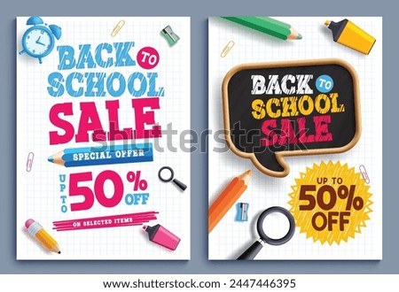 Back to school sale text vector poster set design. Back to school special offer with 50% discount promo for educational shopping promotion lay out collection. Vector illustration school sale advertise