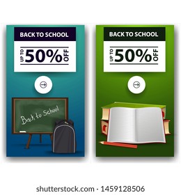 Back to school sale, two discount banners with school Board, school backpack, school textbooks and notebook