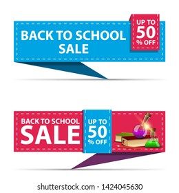 Back to school sale, two horizontal discount banners in the form of a ribbon with books and chemical flasks