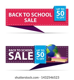 Back to school sale, two horizontal discount banners in the form of a ribbon with globe and school textbooks