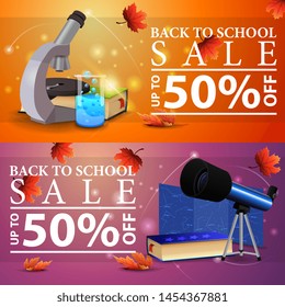 Back to school sale, two horizontal discount banners