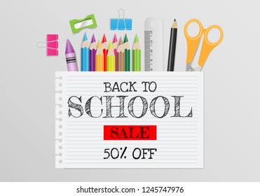 Back to school SALE upto 50 % off text on white paper with school supplies for discount promotion. Vector illustration