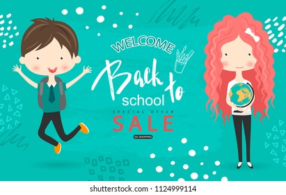 Back to school sale vector background with students. Vector illustration for website , posters, email and newsletter designs, ads, coupons, promotional material.