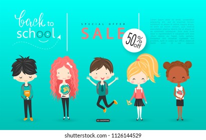Back to school sale vector background with schoolchildren. Vector illustration for website , posters, email and newsletter designs, ads, coupons, promotional material.