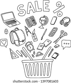 Back to school sale vector background with doodle school accessories and supplies elements .