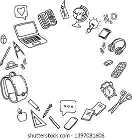Back to school sale vector background with doodle school accessories and supplies elements .