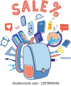 Back to school sale vector background with doodle school accessories and supplies elements. School clipart Vector doodle school icons symbols. Banner.