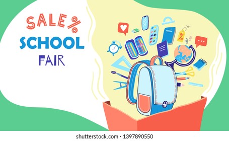 Back to school sale vector background with doodle school accessories and supplies elements. School clipart Vector doodle school icons symbols. Banner.