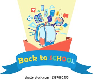 Back to school sale vector background with doodle school accessories and supplies elements. School clipart Vector doodle school icons symbols. Banner.