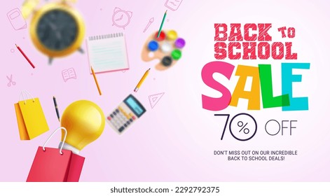 Back to school sale vector background. Back to school sale up to 70% offer with educational supplies for student discount. Vector illustration promotion ads design.