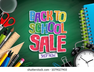 Back to school sale vector banner design with sale text, school elements and education items in green background for discount promotion. Vector illustration.
