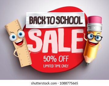 Back to school sale vector banner with funny school characters and red sale text in white background for education school shopping promotion. Vector illustration.
