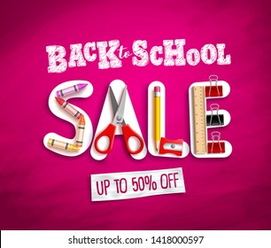 Back to school sale vector banner design with sale discount text and colorful school supplies and elements in pink background. Vector illustration.
