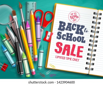 Back to school sale vector banner design with school supplies, education elements and back to school discount text in white paper. Vector illustration. 