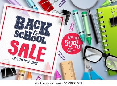 Back to school sale vector banner design. School items and educational elements with sale discount text in white frame. Vector illustration. 
