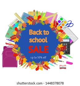 Back to school sale vector banner with school items in a circle of autumn leaves on white background