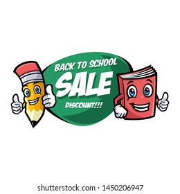 Back to school sale vector banner with funny school characters