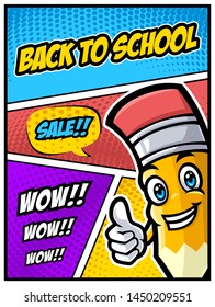 Back to school sale vector banner with funny school characters