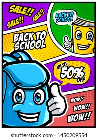 Back to school sale vector banner with funny school characters