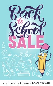 Back to school sale vector banner design with colorful funny school characters. Vector illustration.