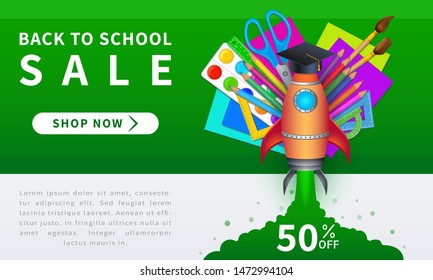 Back to school sale vector banner with rocket launch, graduation cap and colorful realistic school supplies like pencils, paint brushes, artist palette, notebooks, scissors and rulers