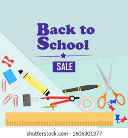 Back to school sale vector banner design with sale text, school supplies and education items on paper background for discount promotion flat Vector style,vector illustration