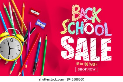 Back to school sale vector banner template. Back to school sale text in crumpled red paper background with student supplies element for educational items discount offer design. Vector illustration