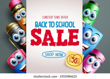 Back to school sale vector banner template. Back to school sale up to 50% off text in white background with study tools 3d characters for educational discount promo advertisement. Vector illustration