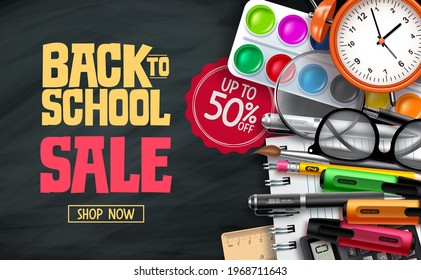 Back to school sale vector banner design. Back to school promotion text with 50% off educational supplies for advertisement design. Vector illustration 