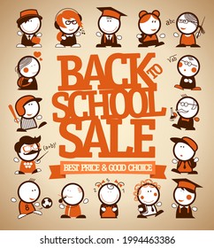 Back to school sale vector banner design template with cartoon figures of teachers, students and pupils