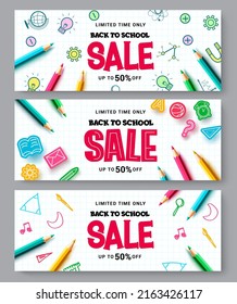 Back to school sale vector banner design. Back to school sale text with limited discount offer in educational elements for item supplies discount promo collection. Vector illustration.
