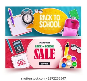 Back to school sale vector banner set design. Back to school sale with special offer up to 50% off for student supplies. Vector illustration education promo lay out collection. 