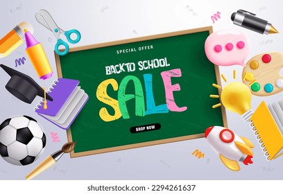 Back to school sale vector banner design. Back to school special offer text in chalkboard space with educational elements and supplies. Vector illustration advertising template.