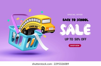 Volver a la venta escolar diseño de banner vectorial. De vuelta a la venta escolar texto 50% de oferta especial con elemento de cesta de compras. Ilustración vectorial de vuelta a la venta escolar.