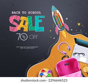 Back to school sale vector banner. Back to school discount promo text with educational elements. Vector illustration promotion ads design. 