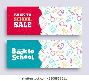 Back to school sale vector banner set. School promotion text in doodle background collection. Vector illustration flyers advertisement design.