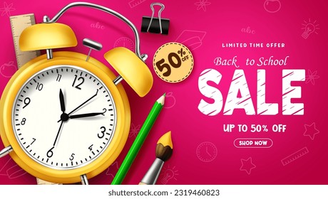 Back to school sale vector banner design. School limited time offer text with yellow alarm clock for clearance and shopping discount. Vector illustration advertisement flyers background.
