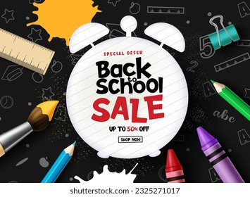 Back to school sale vector banner. Back to school special offer text in paper space with student learning materials and items. Vector illustration  shopping discount advertisement.