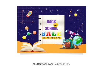 Back to school sale vector banner with educational items, planets, molecules floating in space. Vector illustration