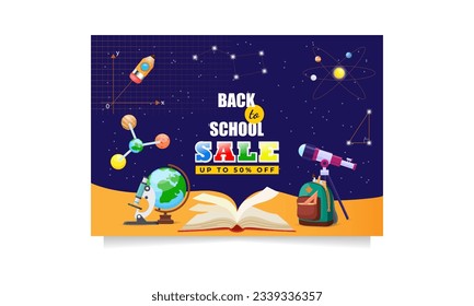 Back to school sale vector banner with educational items, planets, molecules floating in space. Vector illustration