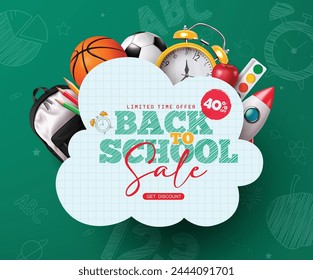 Back to school sale vector banner design. Back to school limited time offer text in paper space with educational elements and supplies for shopping promo template. Vector illustration school sale 