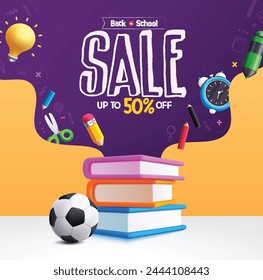 Back to school sale vector banner design. School sale promotion with colorful 3d educational supplies and learning items for shopping flyers advertisement template. Vector illustration back to school 