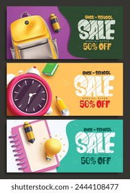 Diseño de set de Anuncio de Vector de venta de regreso a la escuela. Oferta especial de regreso a la escuela texto con bolso escolar, reloj despertador y cuaderno útiles educativos Elementos. Ilustración vectorial escuela venta colección.
