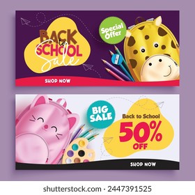 Zurück zum Schulverkauf Vektorgrafik Banner Set. Schulaktion 50% Rabatt-Freigabe-Preis mit niedlichen Tier-Rucksack und Farbstift-Elemente für Shopping-Promotion-Flyer Kollektion. Vektorillustration 