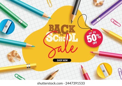 Back to school sale vector banner design. Back to school promo discount 50% off with color pencil, sharpener and paper clip educational elements for shopping promotion. Vector illustration school 