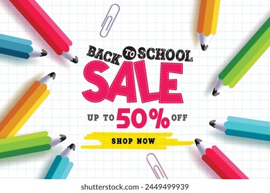 Back to school sale vector banner. School sale text promotion offer 50% discount with colorful color pencil elements in white grid paper background. Vector illustration school sale banner design.
