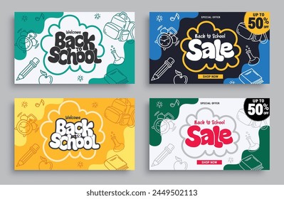 Juego de Anuncio de Vector de venta de regreso a la escuela. Bienvenido de nuevo a la escuela saludo y texto de venta con lápiz, bolso, libros y Elementos de reloj doodle para la colección de fondo de diseño educativo. Vector 