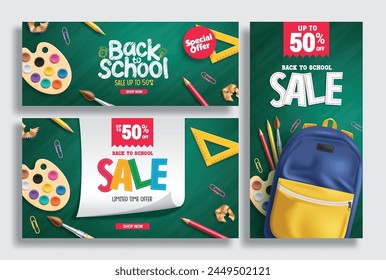 Back to school sale vector banner set. Back to school greeting text sale promotion lay out collection with educational color pencil, back pack bag and arts materials in green chalk board background. 