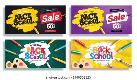 Back to school sale vector banner set. Back to school greeting text and promotion lay out collection for educational shopping flyers background. Vector illustration school greeting design. 
