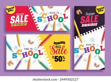 Back to school sale vector banner set. School greeting text and shopping promotion lay out collection for educational bundle brochure and flyers background. Vector illustration school sale promo 